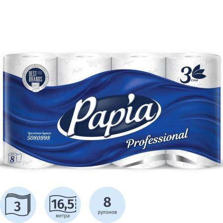 Бумага туалетная 3 сл., белая "Papia Professional" (8 рулонов) 1/7